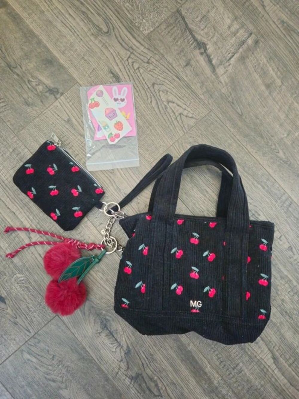 Madden Girl Black Corduroy Mini Tote Bag Cherry Print Pom Pom Charms